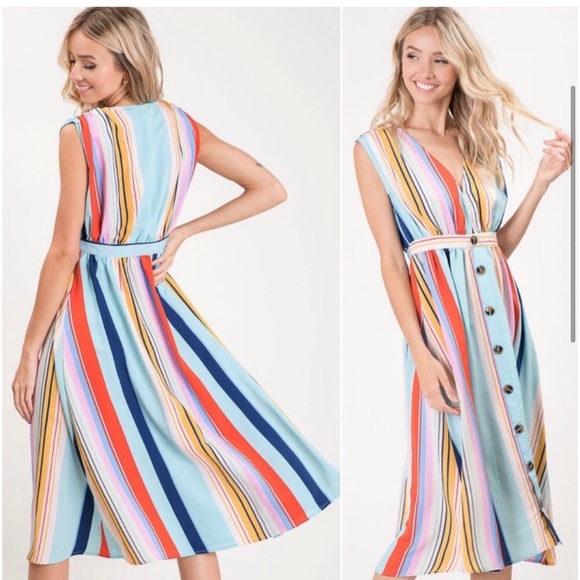 Stunning colorful stripes women’s midi dress spring summer - Picture 2 of 5